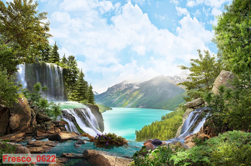 Tranh dán tường thác núi hùng vĩ